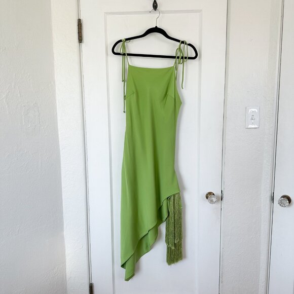 Cult Gaia | 100% Silk Giselle Asymmetric Tasseled Linen Dress in Lime Green - Picture 5 of 11